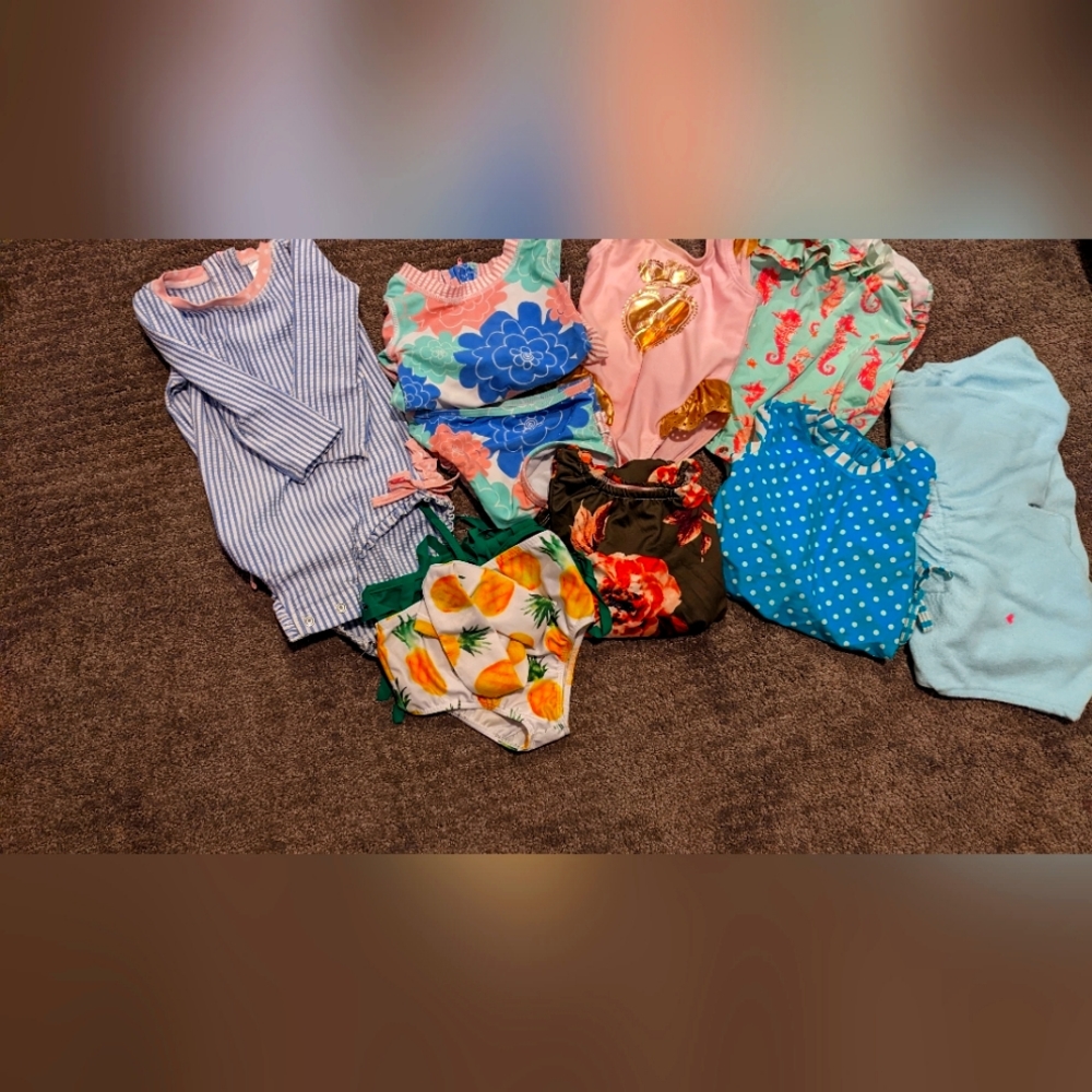 12-18 MO baby girls bathing suit stack 7 suits, 1 cover up